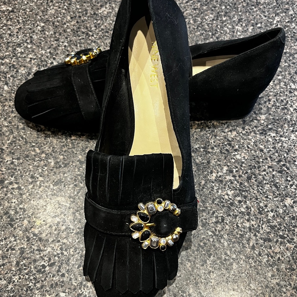 Nine West Black Suede Fringe Loafers with Gold & Rhinestone Buckle